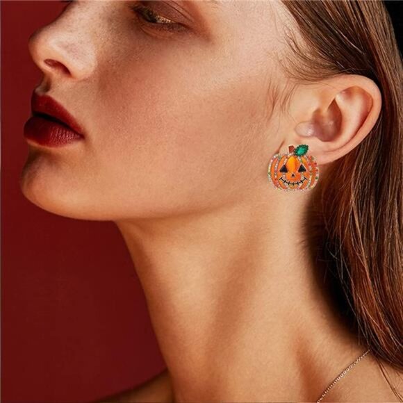 WOWORAMA Halloween Pumpkin Stud Earrings | Smiling Face with Rhinestones. - Picture 1 of 5